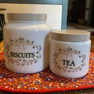 Vintage 1980s Candlelight English Floral Milk Glass Tea and Biscuits Jars